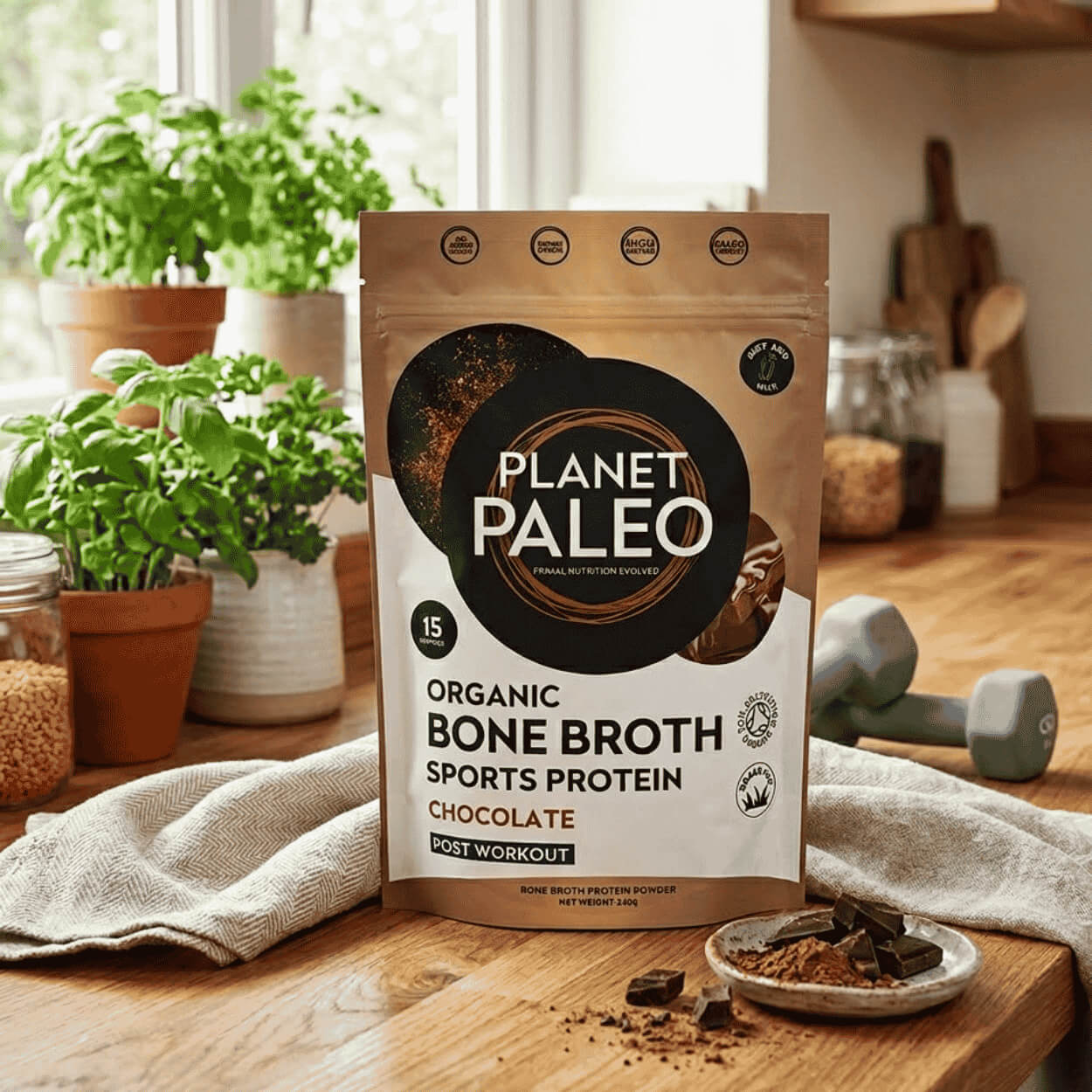 Balení čokoládového proteinu z kostního vývaru Planet Paleo vedle připraveného čokoládového nápoje a kakaa.